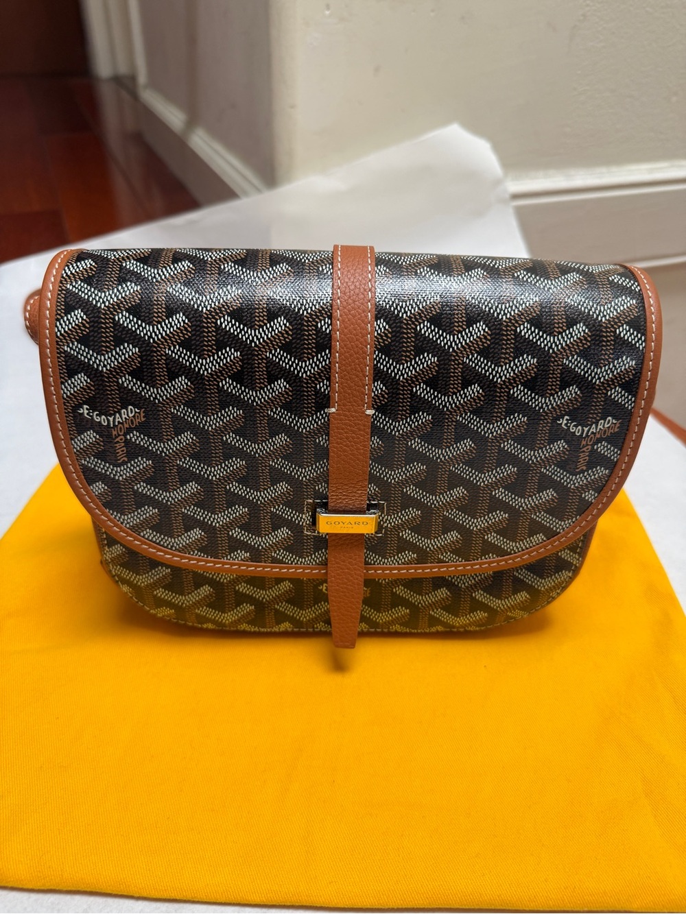 Goyard Belvedere PM Bag Black and Tan Leather  Crossbody Bag with Dust Bag